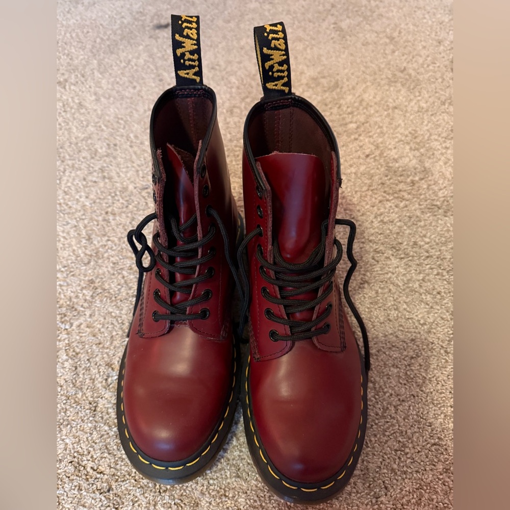 Worn once! 
1460 Smooth Leather Lace Up Dr Marten’s
Cherry Red